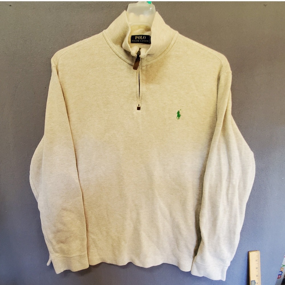 Polo Ralph Lauren Mens Large Beige Cotton Quarter Zip Pullover Sweater Pony